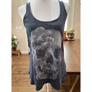 Midnight Hour Skull Floral Graphic Tank Top Black Acid Wash S Open Back Goth
